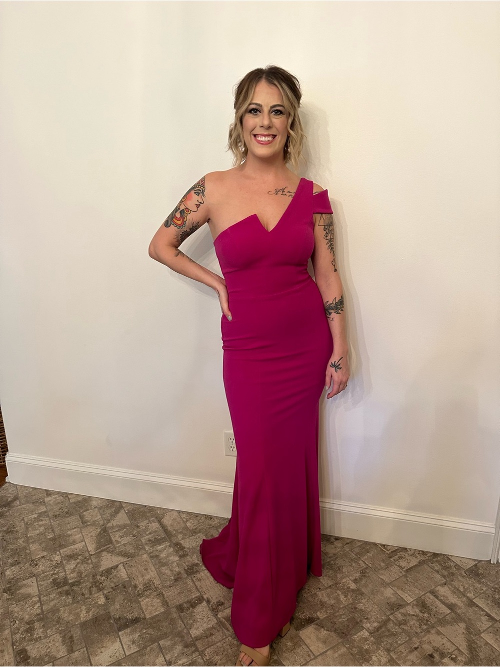 Fuchsia One-Shoulder Evening Gown